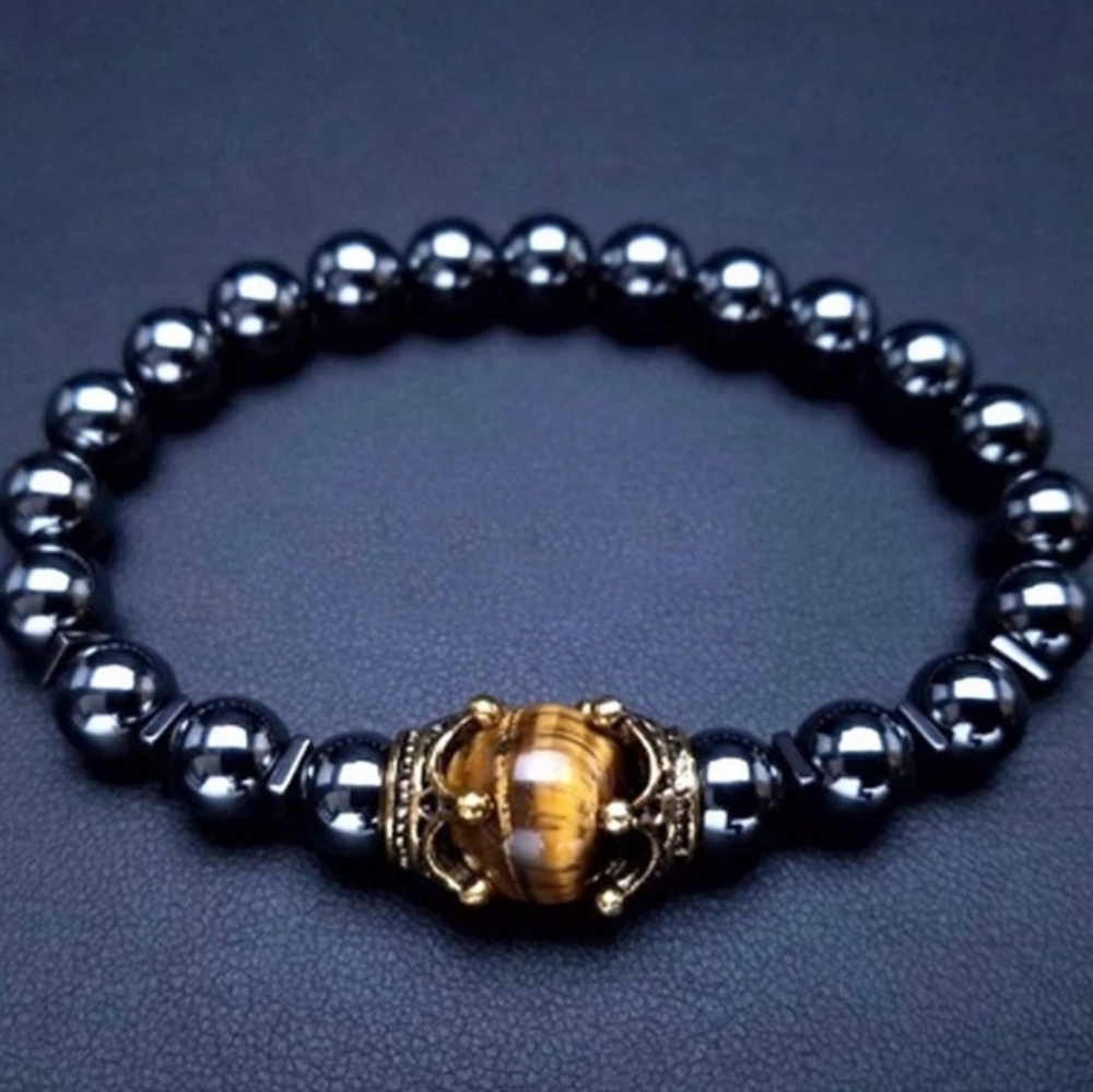Luxury Natural Tiger Eye & Hematite Crown Bracelet.